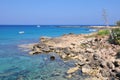 Turquoise water of Mediterranean sea with stones, boats and shore