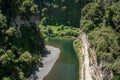 The turquoise water of the Rangitikei river flowing through the cliffs and rock walls in the canyons and gorges in the Manawatu