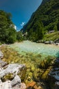 Turquoise water in Soca river, Slovenia Royalty Free Stock Photo