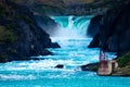 Turquoise waterfall on the lake of Torres del Paine Chile Royalty Free Stock Photo