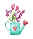 Turquoise watering can with violet wildflowers. Romantic bouquet hand painted in watercolor for greeting card. Royalty Free Stock Photo