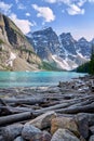 Turquoise waters of beautiful Moraine lake. Snow-covered Rocky mountains in summer day. Royalty Free Stock Photo