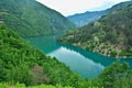 The turquoise waters of Koman Lake surrounded by green cliffs Royalty Free Stock Photo