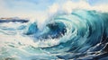 Turquoise Wave: Hyper-detailed Watercolor Painting On White Canvas