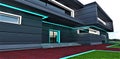 Turquoise and white glowing facade elements as a decor of the contemporary mansion. View of the stylish entrance. Long stone steps