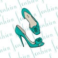 Turquoise womens dress shoes with flower. Royalty Free Stock Photo