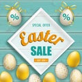 Easter Sale Eggs Turquoise Wooden Planks Cover White Frame Royalty Free Stock Photo