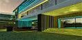 Turquoise and yellow illumination of the amazing courtyard on the territory of the upscale suburban estate at night time. View of