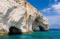 Interesting landmark, unique rock formations, sea caves and blue water in Zakynthos, Greece. Royalty Free Stock Photo