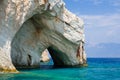 Interesting landmark, unique rock formations, sea caves and blue water in Zakynthos, Greece. Royalty Free Stock Photo