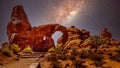 The Turret Arch under the Stars of the Milky Way in the Windows Section in Arches National Park Royalty Free Stock Photo