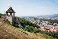 Turret in castle and cityscape Trencin, Slovakia Royalty Free Stock Photo