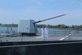 Turret containing a 5-inch gun on the deck of US Navy guided-missile destroyer USS Bainbridge