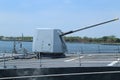 Turret containing a 5-inch gun on the deck of US Navy guided-missile destroyer USS Bainbridge