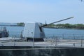 Turret containing a 5-inch gun on the deck of US Navy guided-missile destroyer USS Bainbridge