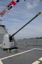 Turret containing a 5-inch gun on the deck of US Navy Ticonderoga-class cruiser Royalty Free Stock Photo