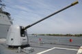 Turret containing a 5-inch gun on the deck of US Navy Ticonderoga-class cruiser Royalty Free Stock Photo