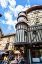 Turreted medieval bakers house in historic centre of Troyes with half timbered buildings