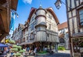 Turreted medieval bakers house in historic centre of Troyes with half timbered buildings