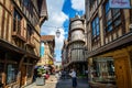 Turreted medieval bakers house in historic centre of Troyes with half timbered buildings