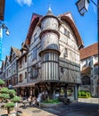 Turreted medieval bakers house in historic centre of Troyes with half timbered buildings