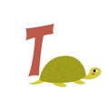 Turtle animal alphabet symbol. English letter T isolated on white background. Funny hand drawn style character. Learn