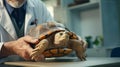 A turtle is being held by a veterinarian in an animal hospital veterinary. A close-up realistic picture of a exotic pet.