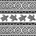 Turtle. Black and white seamless pattern. Ethnic and tribal motifs. Striped geometric background.