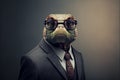 Turtle business portrait dressed as a manager or ceo in a formal office business suit with glasses and tie. Ai generated