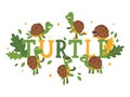 Turtle cartoon character on typography background, vector illustration. Cute tortoise in various action poses, on roller Royalty Free Stock Photo