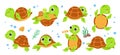Turtle characters. Cartoon tortoise, smile turtles running. Isolated cute animal walking, flat green comic funny
