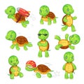 Turtle child. Running fast tortoise. Green kids turtles cartoon characters isolated vector illustration set Royalty Free Stock Photo