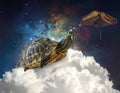 Turtle on Cloud Reaching for Open Book in Space Royalty Free Stock Photo