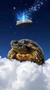 Turtle on Clouds with Floating Book in Space Royalty Free Stock Photo