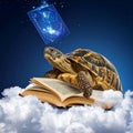 Turtle on clouds reading book galaxy Royalty Free Stock Photo