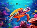 Turtle with colorful marine life