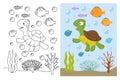 Turtle coloring pages. Cartoon swimming sea animals underwater. Vector illustration for kids coloring book Royalty Free Stock Photo