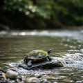 A turtle covered in algae rests on a rock in a shallow stream. The rock is smooth and surrounded by Royalty Free Stock Photo