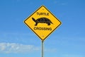 Turtle crossing signpost in blue sky