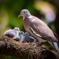 mom wood pigeon and chicks, AI generated Royalty Free Stock Photo