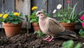 Turtle dove pecking soil near flower pots by barn wall Royalty Free Stock Photo