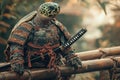 Turtle dressed as a samurai in intricate armor standing on a bamboo bridge Royalty Free Stock Photo