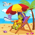 Turtle drinking a cocktail in a lounge chair on the beach