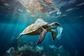 A turtle eating plastic bag. Plastic pollution in ocean, water environmental problem, garbage sea. Generative Ai