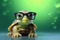 turtle with eyeglasses on green background, 3d illustration, Cute little green turtle with glasses in front of studio background,