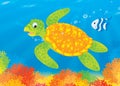 Turtle and fish over a coral reef