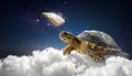 Turtle floating on clouds with book Royalty Free Stock Photo