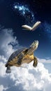 Turtle floating on clouds with book Royalty Free Stock Photo