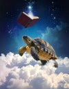 Turtle Flying Through Clouds Towards a Magical Book in the Night Sky Royalty Free Stock Photo