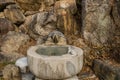 Turtle fountain flowing into stone carved cistern
